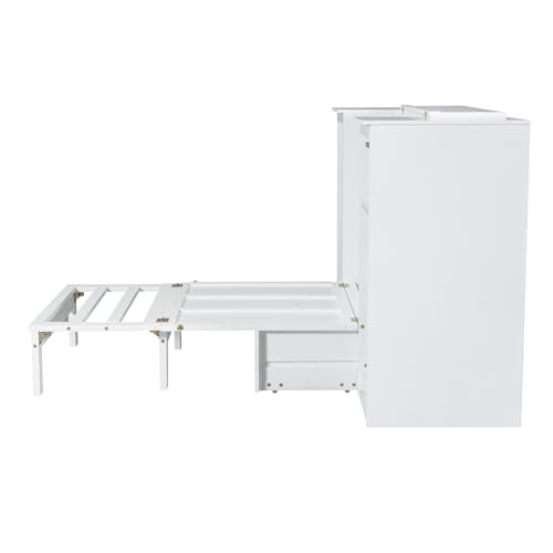 Harper & Bright Designs Full Size Murphy Bed Cabinet Wall Bed, Solid Pine Murphy Bed Chest with USB Ports