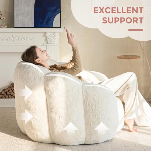 MAXYOYO Bean Bag Chair for Adults, Floral Shaped Bean Bag Sofa, Ultra Soft Faux Fur Floor Sofa, Large Reading Chair for Living Room Bedroom, Beige