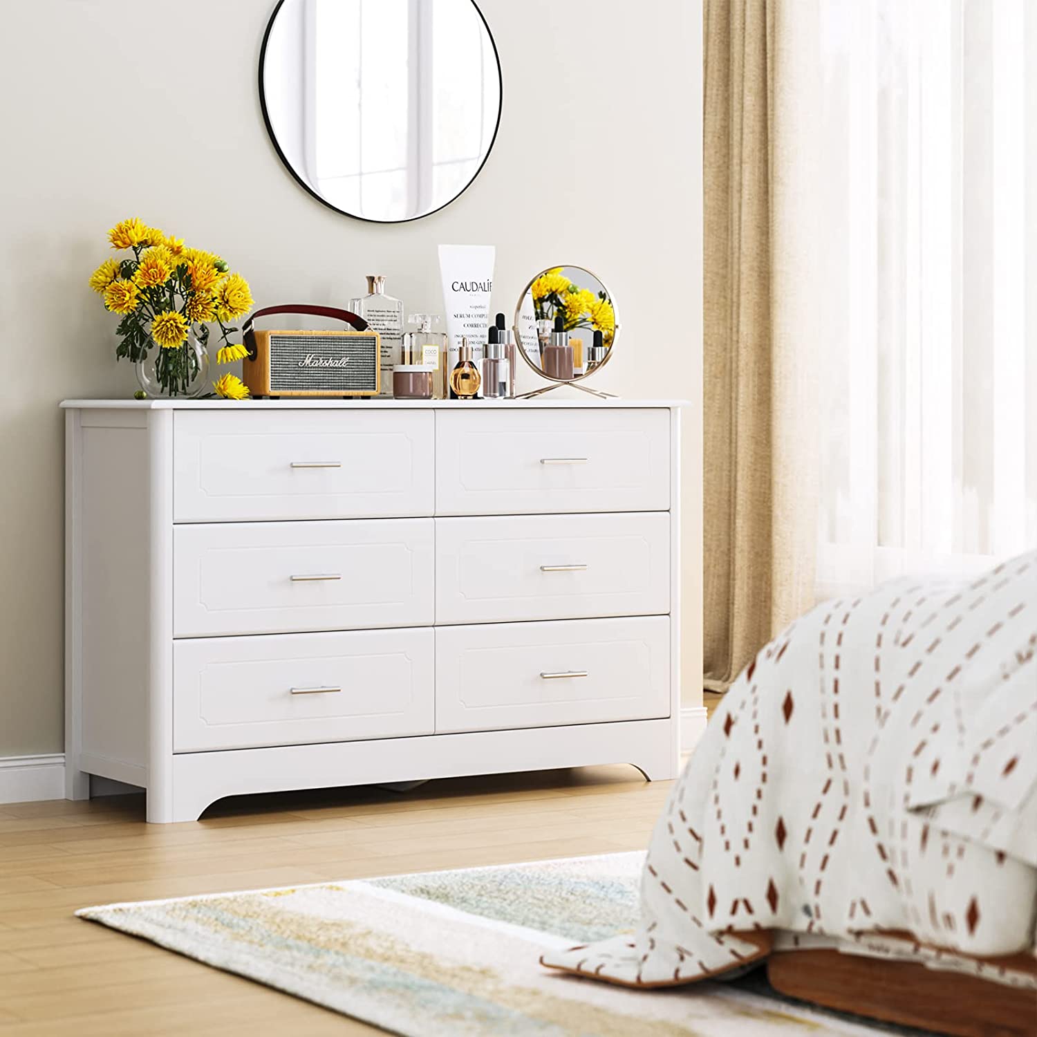 Drawer Dresser for Bedroom  Modern White Dressers  Wide Chest of Drawers with Metal Handels  Wood Storage Dresser Chest for Bedroom  Closet  Hallway