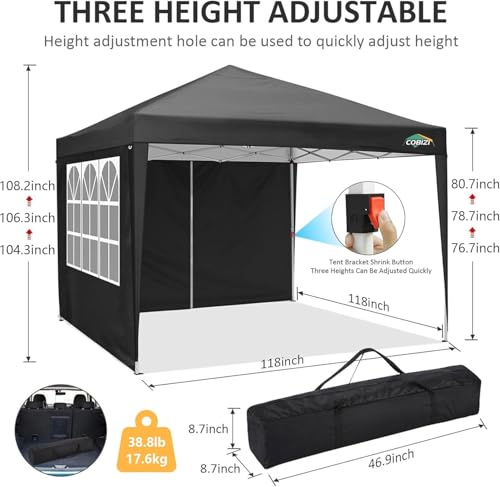 COBIZI 10x10 Pop up Canopy Tent Protable Canopy Tent with 4 Sidewalls Waterproof Commercial Instant Shelter for Parties, Wedding