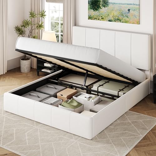 Allewie Queen Size Velvet Lift Up Storage Bed Frame, Vertical Channel Tufted Headboard, Hydrualic Underneath Storage, Upholstered Platform Bed