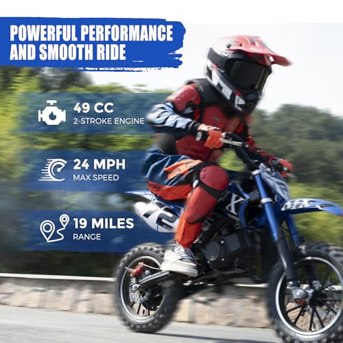 Kids Off-Road Dirt Bike 49CC 2-Stroke Gas Powered Mini Motorcycle with Front & Rear Disc Brakes, Easy Pull Start, 30 MPH Max Speed, 220 LBS Capacity