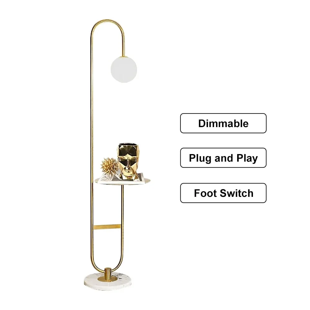 Homary 60" Modern Arc Floor Lamp with Shelf in Gold with Glass Shade & Marble Base for Living room Bedroom and Game Room