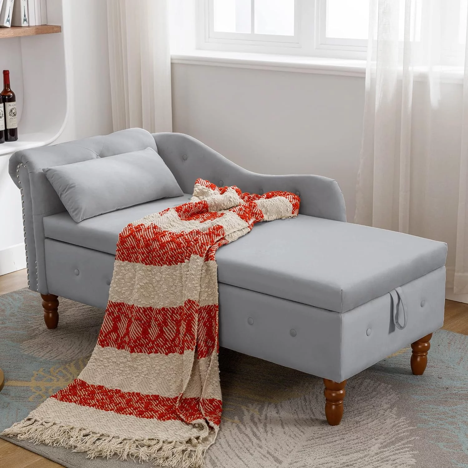 Chaise Lounge Chair Indoor Velvet Bedroom Lounge Chair With Storage & Pillow Modern Upholstered Chaise Lounge With Nailhead Trim Sleeping Long Chair