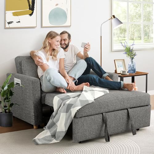 SEJOV 3-in-1 Convertible Sofa Bed, Linen Fabric Sleeper Couch Pull Out Bed, 49" 2-Seater Loveseat Futon Sofa with Spring Support