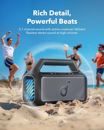 Soundcore Boom 2 by Anker, Outdoor Speaker, 80W, Subwoofer, BassUp 2.0, 24H Playtime, IPX7 Waterproof, Floatable, RGB Lights, USB-C, Custom EQ