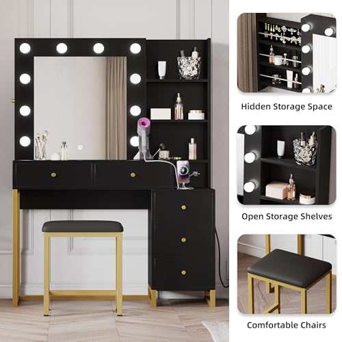 YITAHOME Makeup Vanity Desk with Mirror & Power Outlet, Hollywood Vanity Set with Hidden Jewelry Storage, 5 Drawers and Lots Shelves