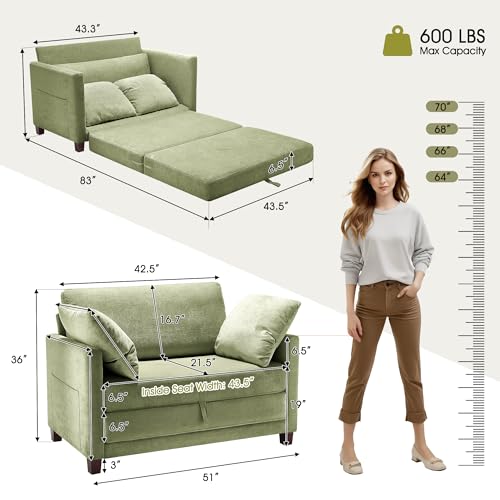 51" Loveseat Sleeper Sofa Bed, Chenille Convertible Floor Sofa Bed for Small Spaces, Folding Couch Bed with Deep Seat, 2 Pillows & Solid Frame