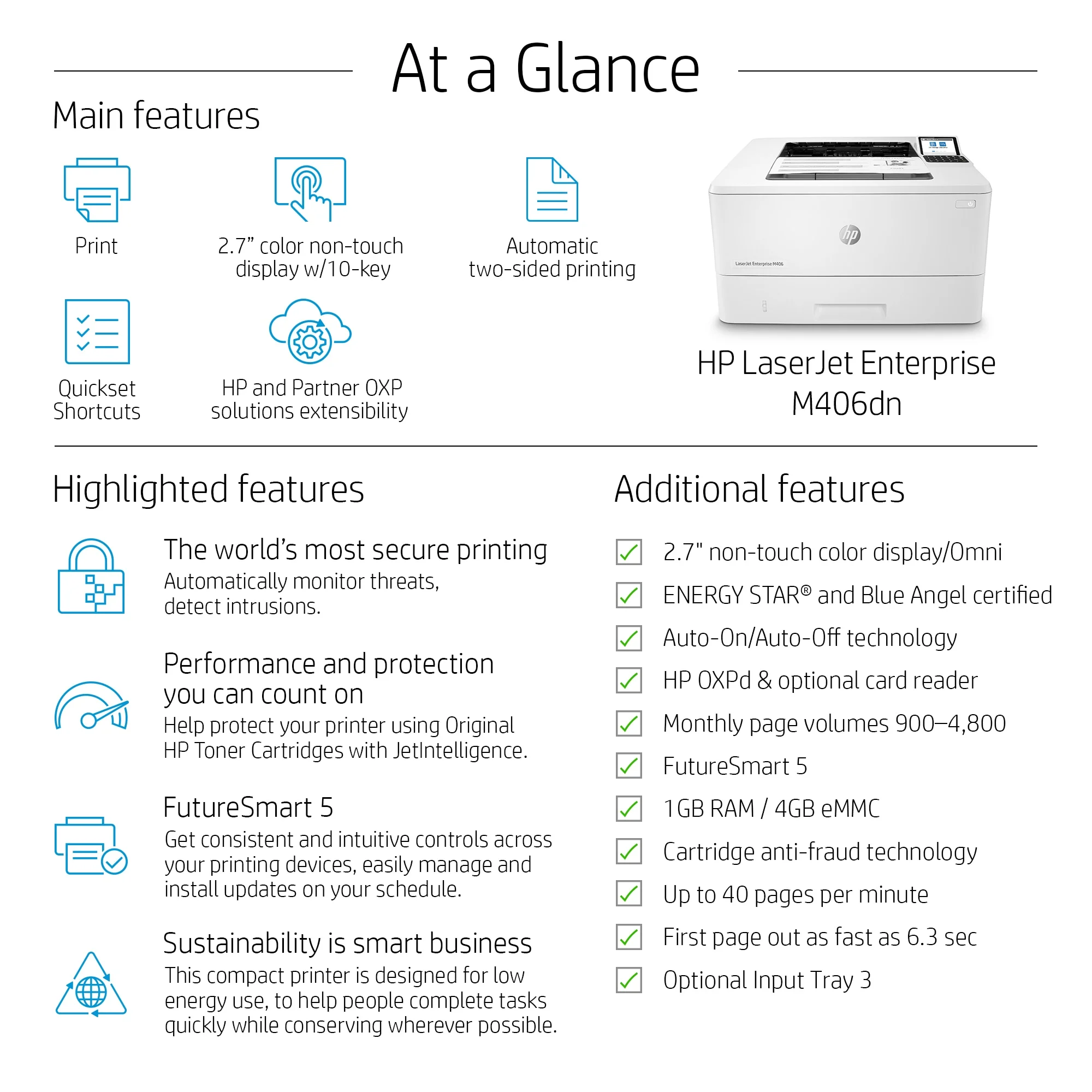 HP LaserJet Enterprise M406dn Laser Printer, Black And White Mobile Print Up to