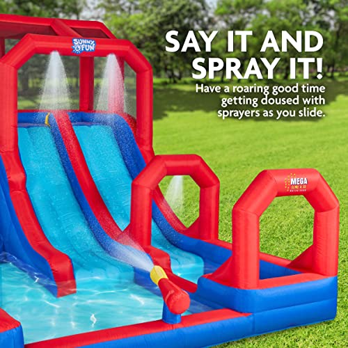 Sunny & Fun Mega Climb N’ Go Inflatable Water Slide Park – Heavy-Duty for Outdoor Fun - Climbing Wall, 2 Slides
