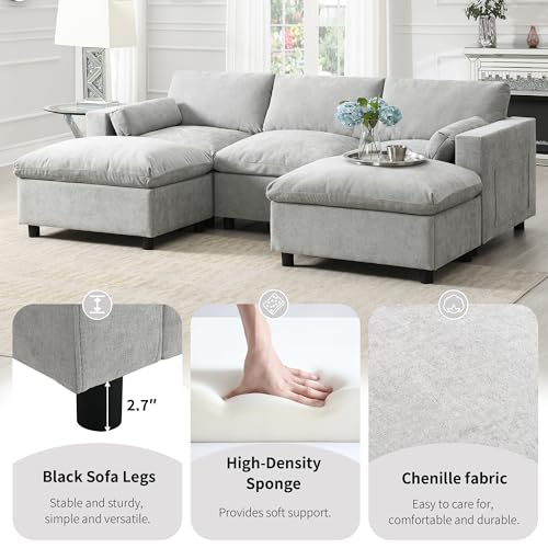 Merax 86.5" Sectional Sofa with Storage Pockets & Removable Ottomans, 5 Seat U Shaped Sleeper Cloud Couch Set