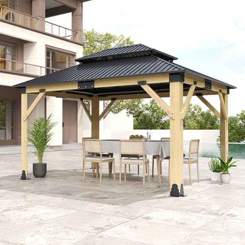 12'x12' Hardtop Gazebo, Outdoor Double Roof Galvanized Steel Gazebos, Aluminum Frame Permanent Pavilion with Curtains & Netting for Backyard, Patio
