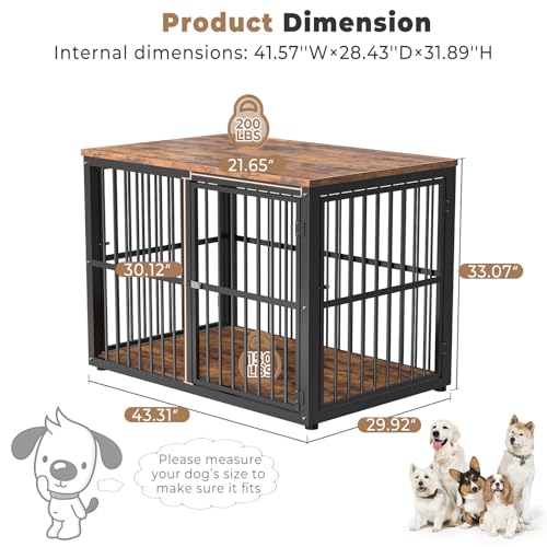 43'' Dog Crate Furniture with 3 Doors, XL Wooden Crate End Table Heavy Duty Indoor Puppy Cage for Medium to Large Dogs, Multiple Units Can be Combined