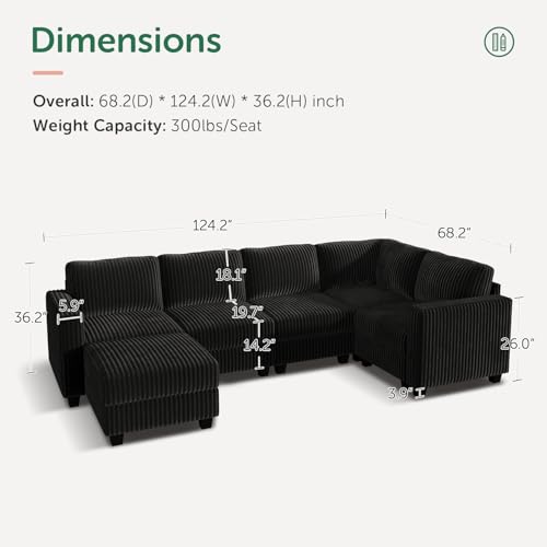 HONBAY Corduroy Modular Sectional Couch with Storage L-Shaped Sectional Couches for Living Room 6 Seater Modular Sofa, Dark Gray
