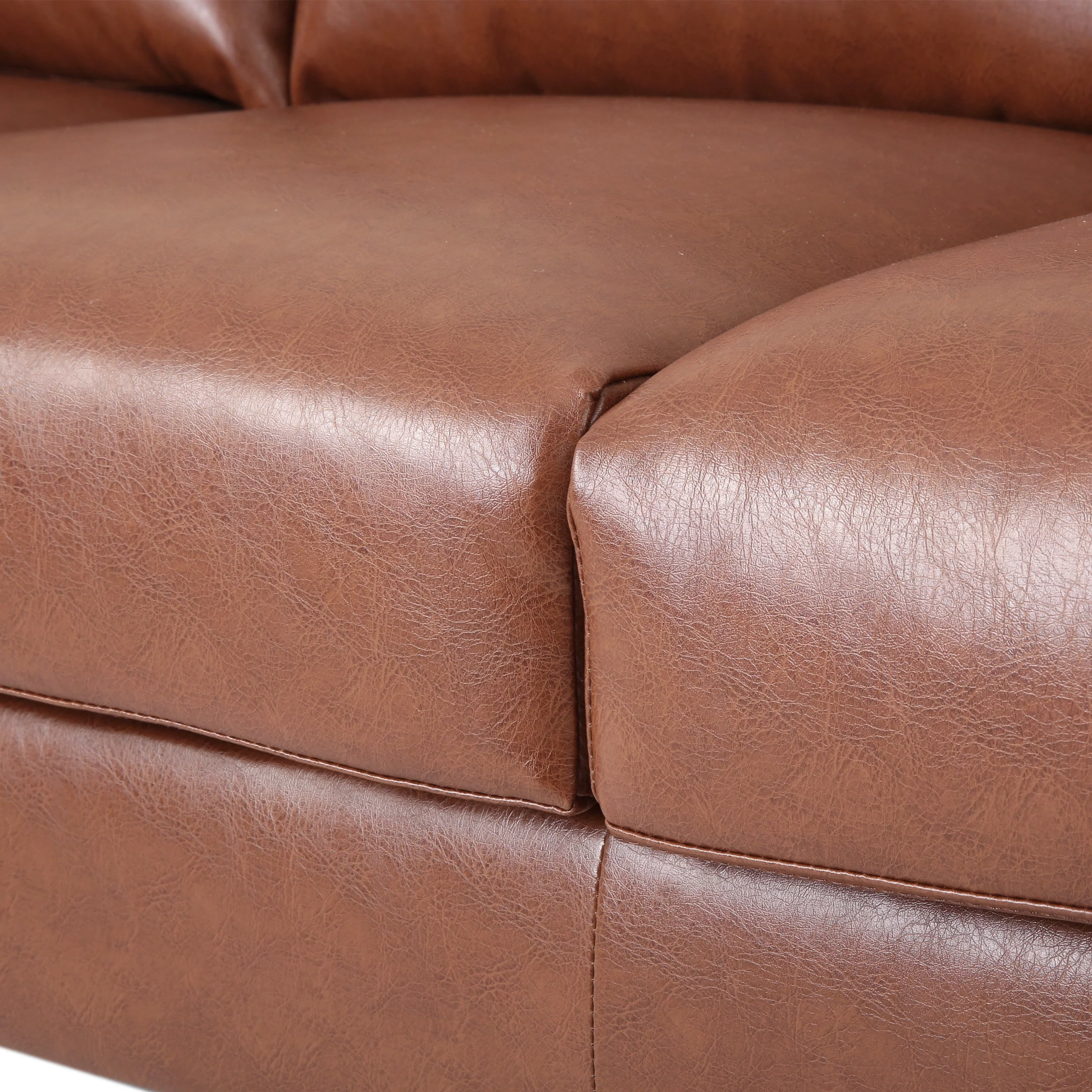 Noble House Eliphaz Faux Leather 3 Seater Sofa with Pillows, Cognac Brown