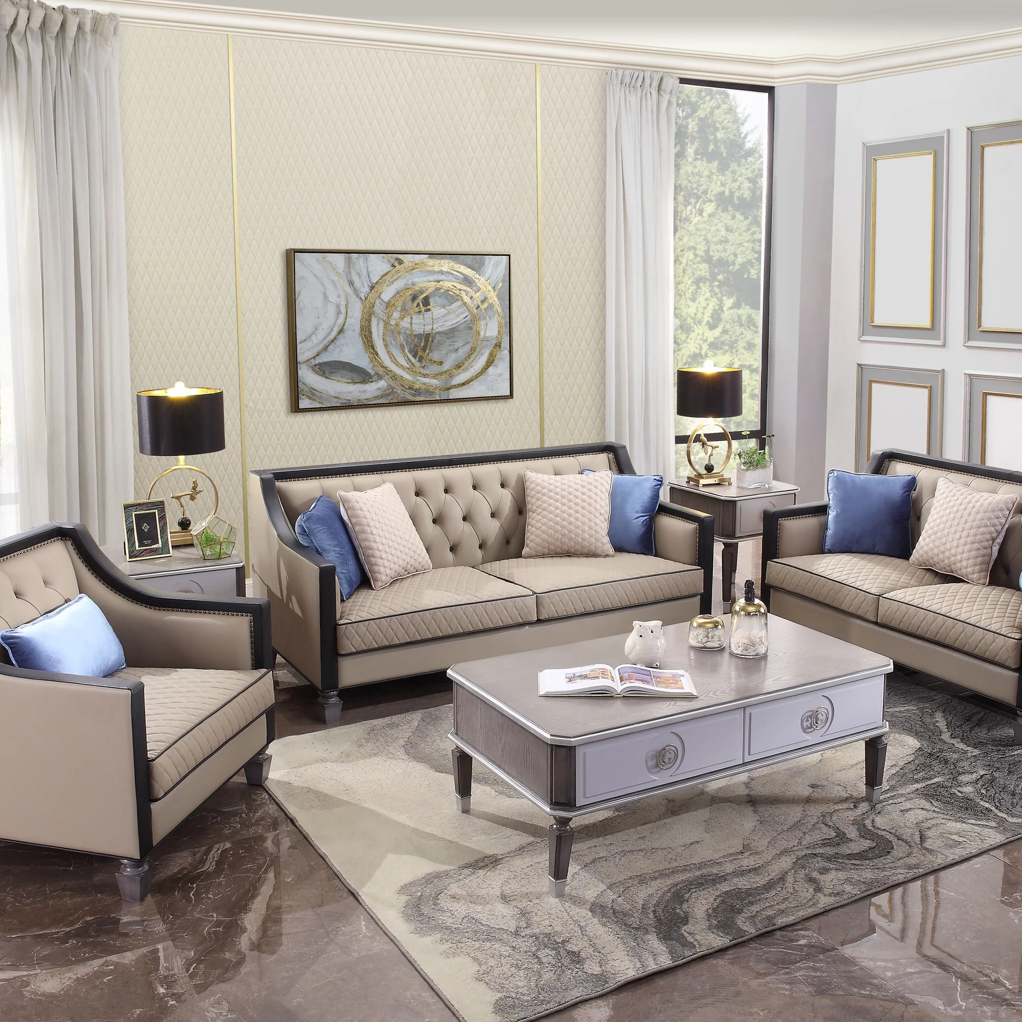 ACME House Beatrice Sofa with 4 Pillows in Tan, Black and Charcoal