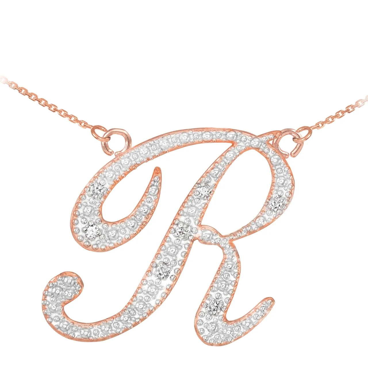 14K ROSE GOLD LETTER SCRIPT "R" DIAMOND INITIAL NECKLACE :  18"