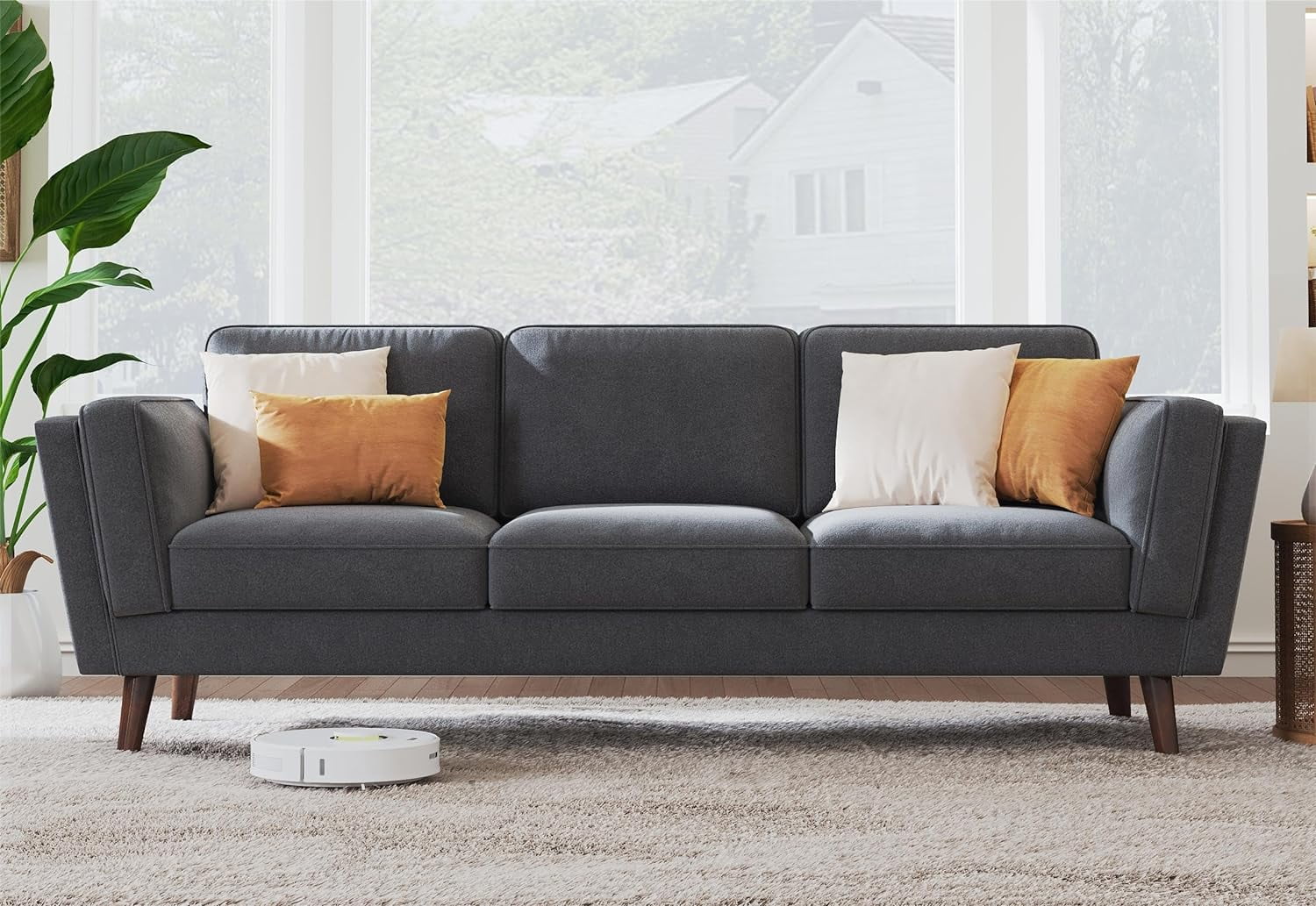 Papajet Sofa, 87inch Modern Sofa with Embedded Arm Pillow- Dark Grey Deep Seat Couch for Livingroom