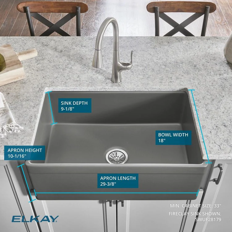 Kitchen Sink Fireclay 30 x 20 Inch Single Bowl Kit Apron Front Matte Gray Farmhouse Drain Location Center