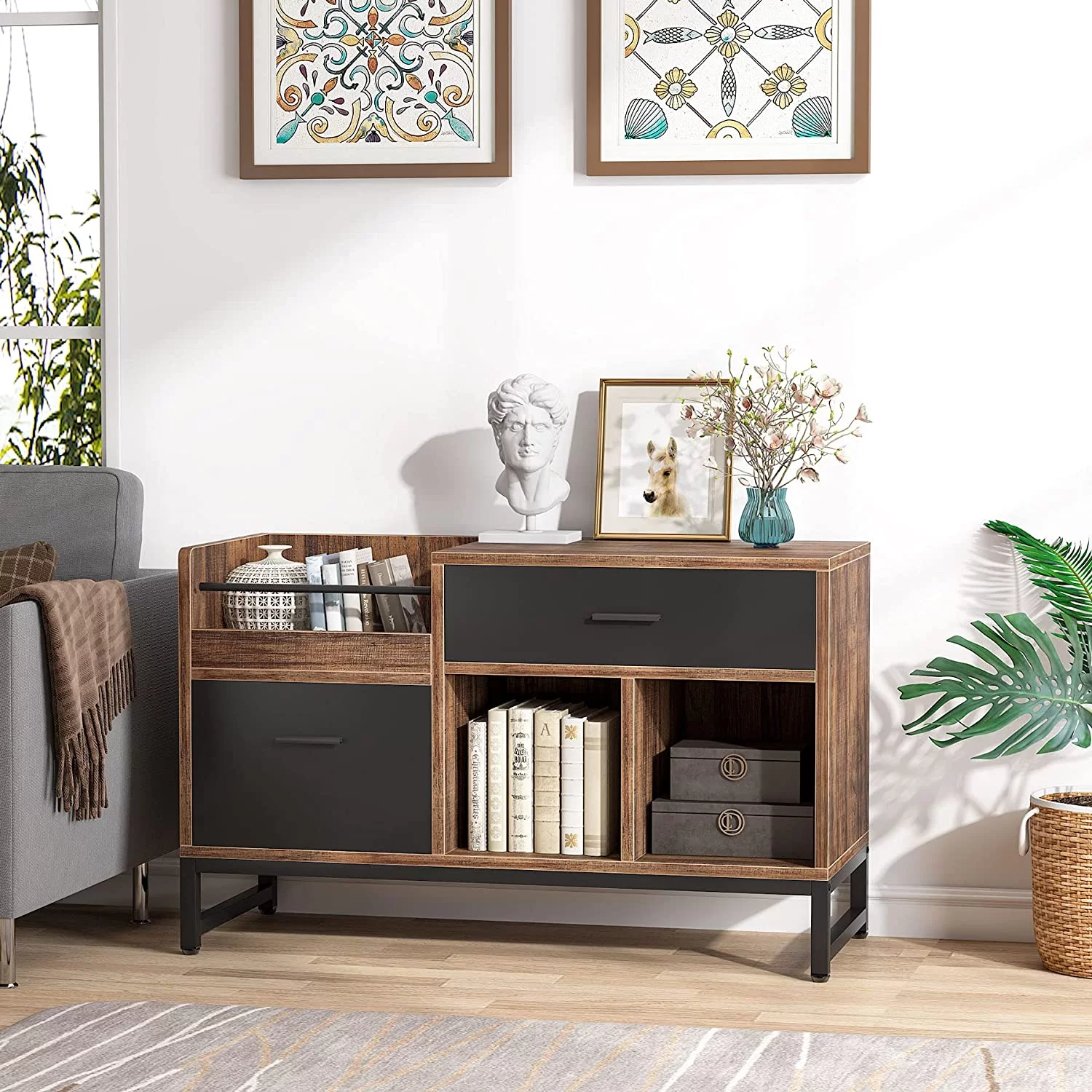 Rustic Lateral Filing Cabinet, 2 Drawers Wood File Cabinet for Home Office