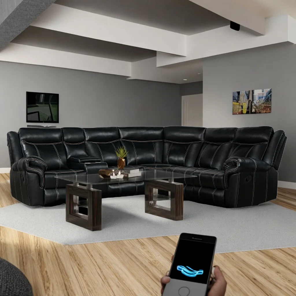 Home Theater Seating Manual Recliner Sofas with Cup Holder, Hide-Away Storage, 2 USB Ports and 2 Power Sockets for Living Room, Home Theater (Black)