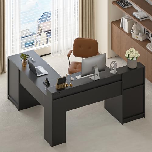 63" Farmhouse L Shaped Executive Desk with Drawers & Storage Shelf, Corner Computer Desk with Power Outlets, L Shaped Office Desk with Monitor Stand