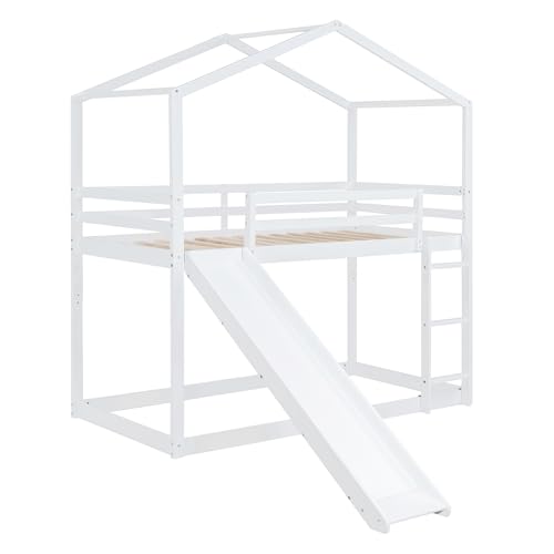 Kids Twin Over Twin Bunk Beds with Slide and Trundle, Solid Wood Bunk Bed Frame with Stairs and Storage