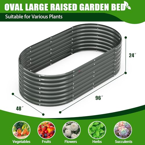 A ANLEOLIFE 8X4X1.5 ft Galvanized Raised Garden Beds Outdoor, Oval Large Metal Planter Box for Planting Vegetables Flowers Herb