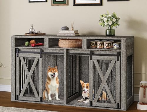63" Large Dog Crate Furniture for 2 Dogs, Farmhouse Style Dog Cage TV Stand with Sliding Door