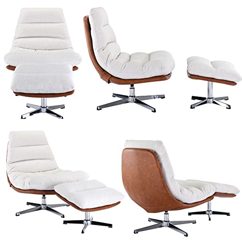 Modern Swivel Accent Chair with Ottoman Set, PU Leather Oversized Armless Reading Chair with Footrest