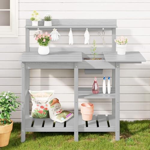SERWALL Potting Bench Outdoor Potting Table with Sink, HDPE Potting Benches for Outside Gardening Table All Weather Use- Black