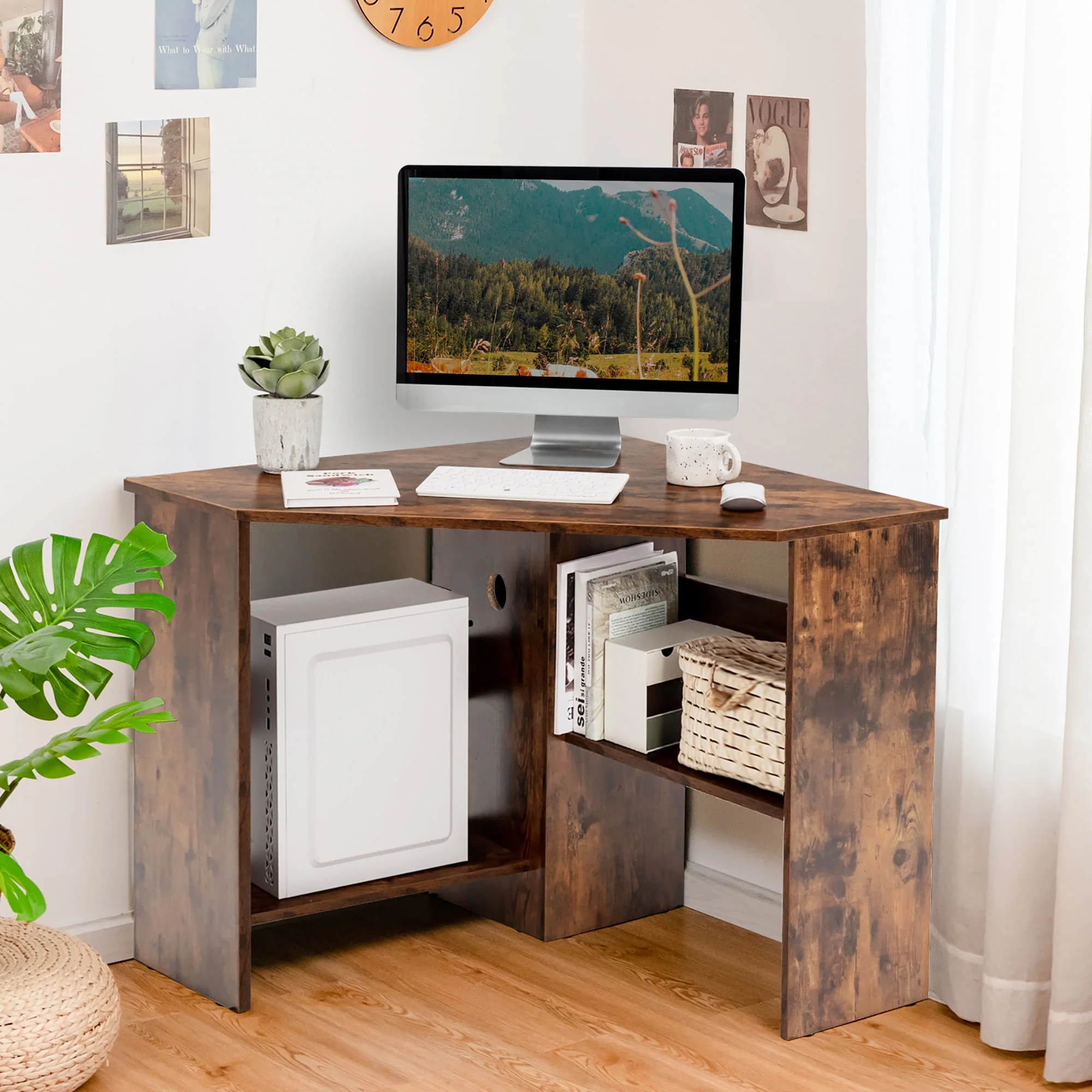 Costway Corner Computer Desk Triangle Writing Workstation w/Storage Shelf Rustic