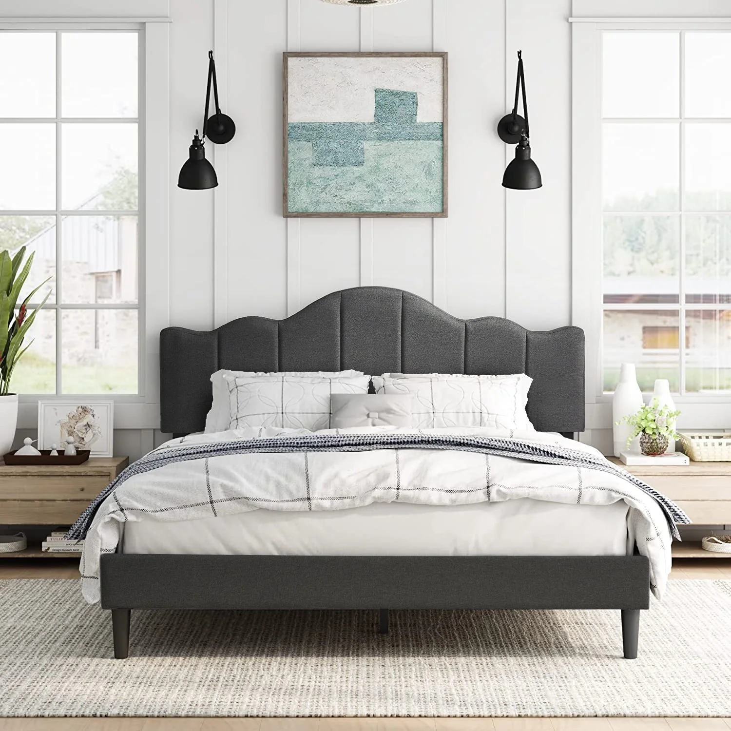 VECELO 3-Piece Bedroom Sets Upholstered Bed Frame and 2 Brown Nightstand