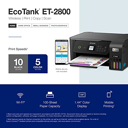 Epson EcoTank ET-2800 Wireless Color All-in-One Cartridge-Free Supertank Printer with Scan and Copy â€“ The Ideal Basic Home Printer - White, Medium