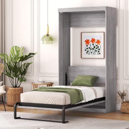Full Size Murphy Bed with 2 Convertible Side Cabinet Storage Shelf, Foldable Wallbed Bedframe