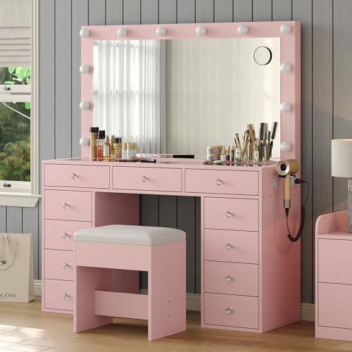 Vanity Desk & Power Outl, Makeup Vanity with Mirror and 12 LED Lights, Makeup Table with 11 Drawers, Vanity Table with Chair