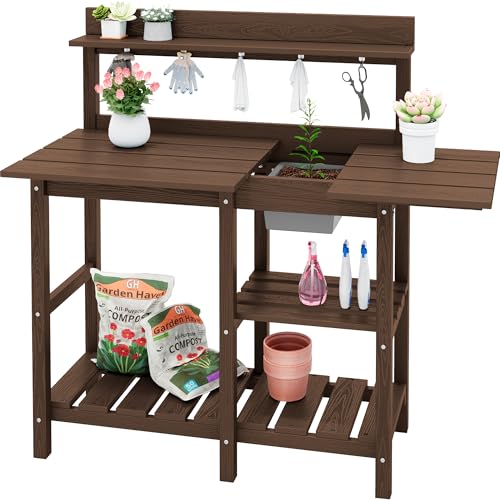 SERWALL Potting Bench Outdoor Potting Table with Sink, HDPE Potting Benches for Outside Gardening Table All Weather Use- Black