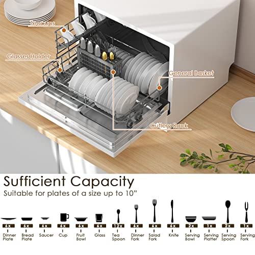 COSTWAY Countertop Dishwasher, 6 Place Settings Built-in Dishwasher with 72 H Preserve, Air Dry Function, LED Touch Control and 5 Washing Programs