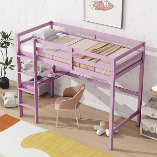 Low Loft Bed Twin Size, Kids Solid Wood Modern Loft Bed Frame with Ladder and Safety Guardrail for Girls Boys, Noise-Free,Non-Toxic Finishes