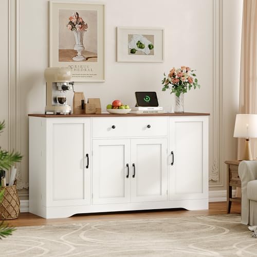 Buffet Cabinet with Storage & Charging Station, 53" Farmhouse Coffee Cabinet with Compartment Drawer