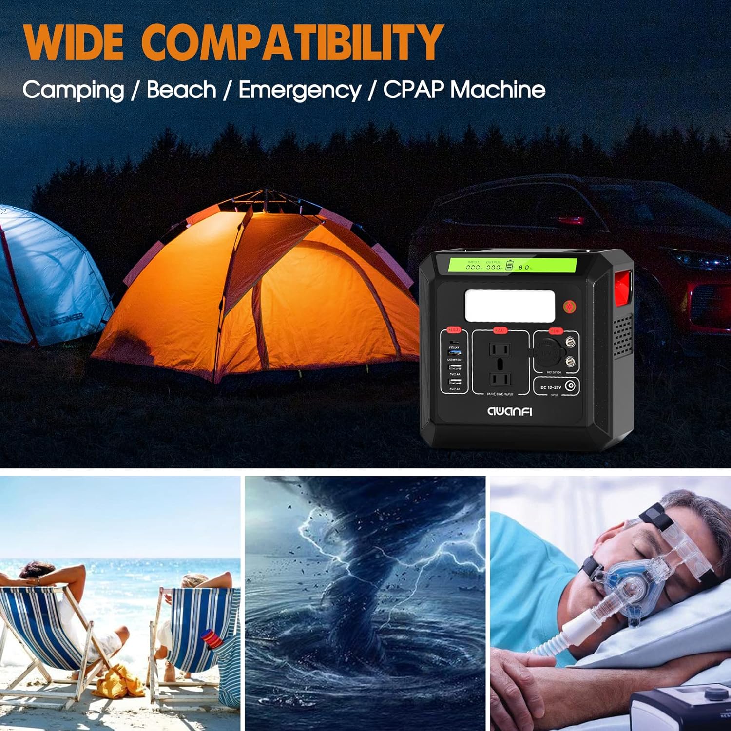Portable Power Station 500W, AWANFI 518.4Wh Solar Generator with 110V Pure Sine Wave AC Outlets, 12V Regulated DC, USB PD Output