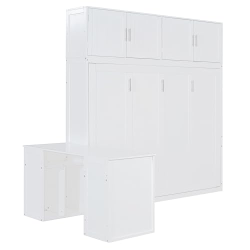 Queen Size Murphy Bed Wall Bed with Desk and Closet,Drawers and Shelves,for Small Spaces Studio Study Office Guest Room Use (Gray#Desk, Queen)