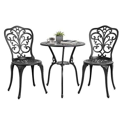 HOMEFUN Bistro Table and Chairs Set of 2 Outdoor 3 Piece Patio Set, Rose Pattern Cast Aluminum Bistro for Garden Balcony