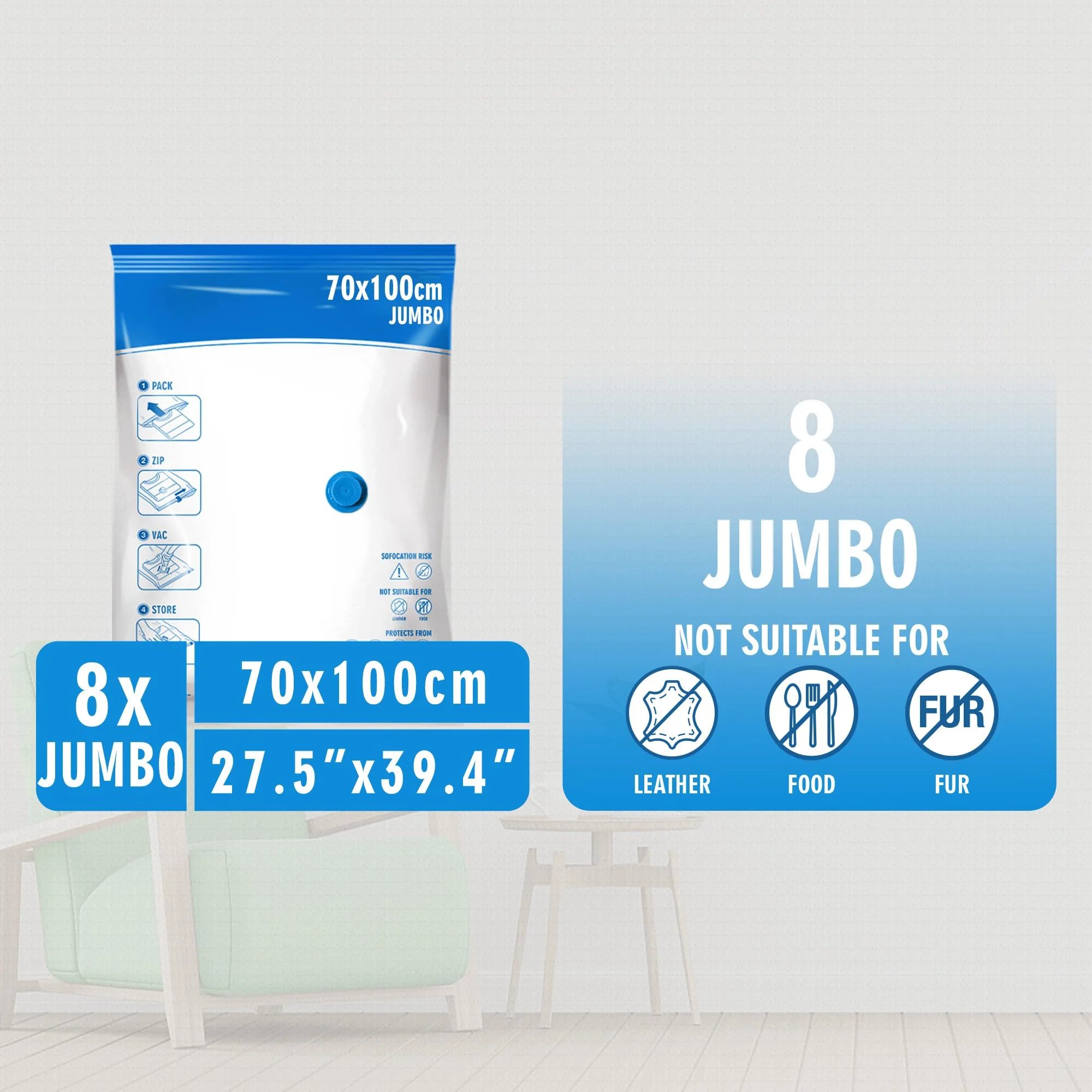 Jumbo Vacuum Storage Bags 8 Pack, Extra Large Space Saver Bags for Clothes Blankets Comforters, Thick PA;PE Material, Triple Seal Valve