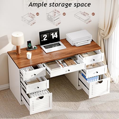 59" Home Office Desks, Executive Desk, Farmhouse Computer Desk with 7 Drawers and Charging Station, File Drawer, Rustic Computer Writing Desk