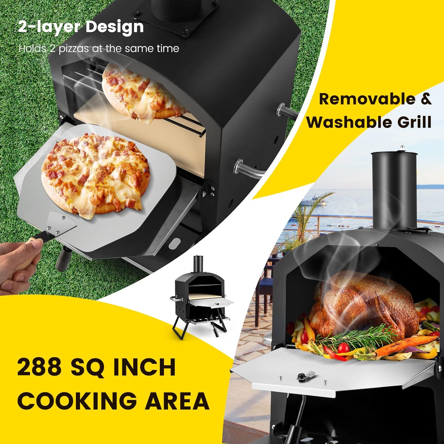 Giantex Outdoor Pizza Oven Wood Fired, 2-Layer Pizza Maker with Pizza Stone, Pizza Peel, Removable Cooking Rack, Waterproof Cover, Folding Legs