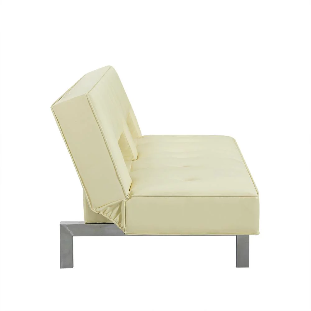 Modern Convertible Futon Sofa Bed with Chrome Metal Legs, European Style Reclining Futon Sofa, Faux Leather, Cream