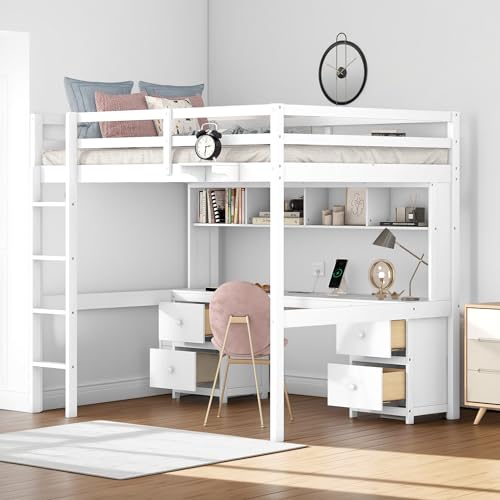 Full Size Loft Bed with L-Shaped Desk, Wardrobe and Storage Shelves, Solid Wood Bedframe w/Safety Guardrails & Ladder for Kids Teens Adults