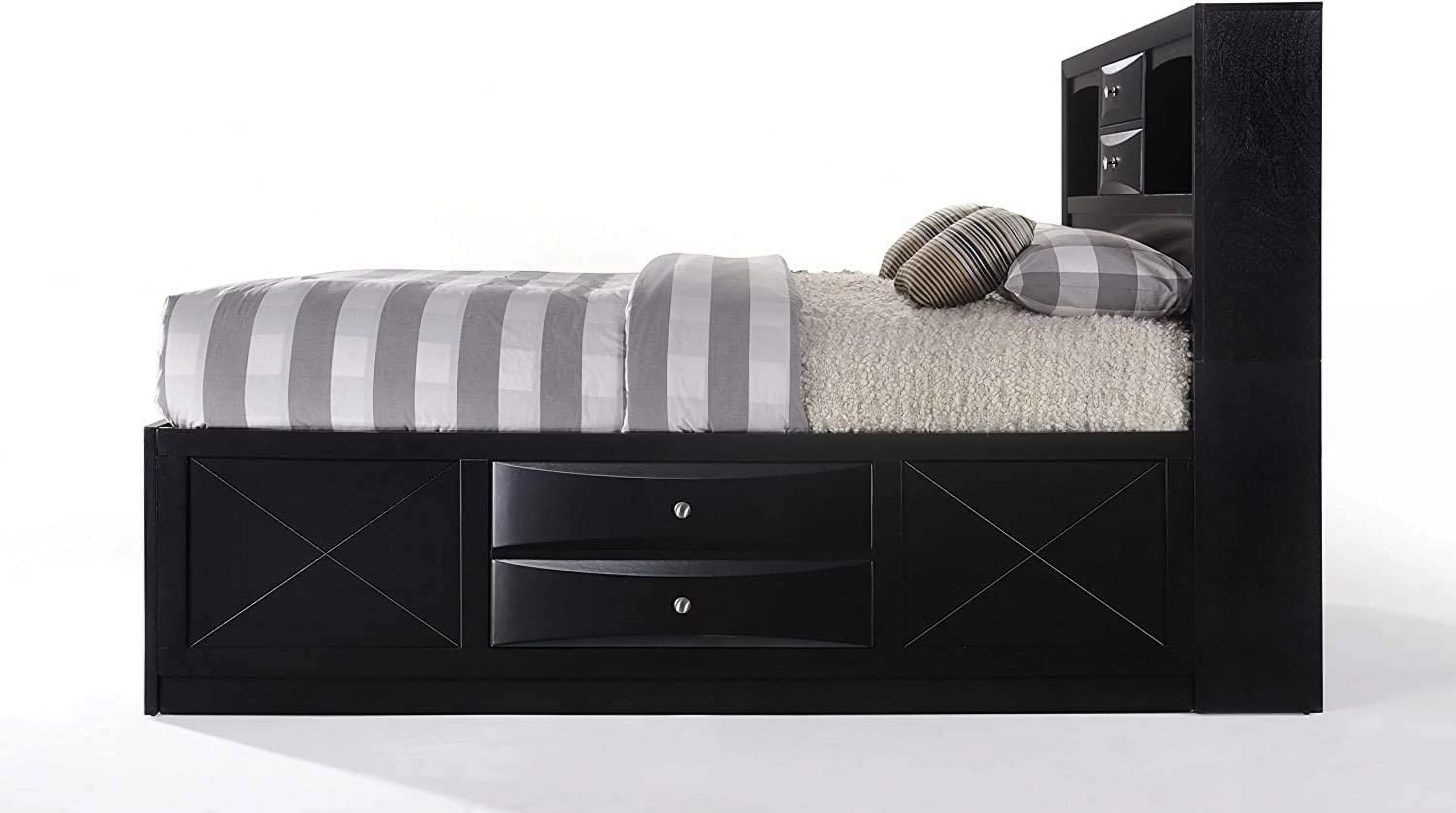 Bowery Hill Transitional Design Queen Size Bed with Storage, Headboard Bookcase in Black