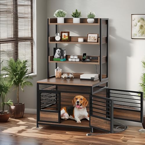 YITAHOME 39 Inch Dog Crate Furniture with Storage Shelves, Wooden Dog Crate for Large Dogs with Power Outlets